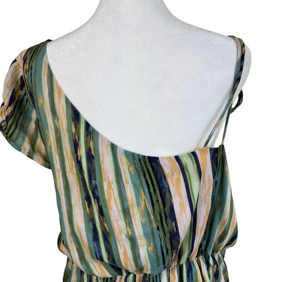 Free People Sz L Heart Shaped Face Asymmetrical Ruffled Mini Dress Green Boho - Picture 7 of 16